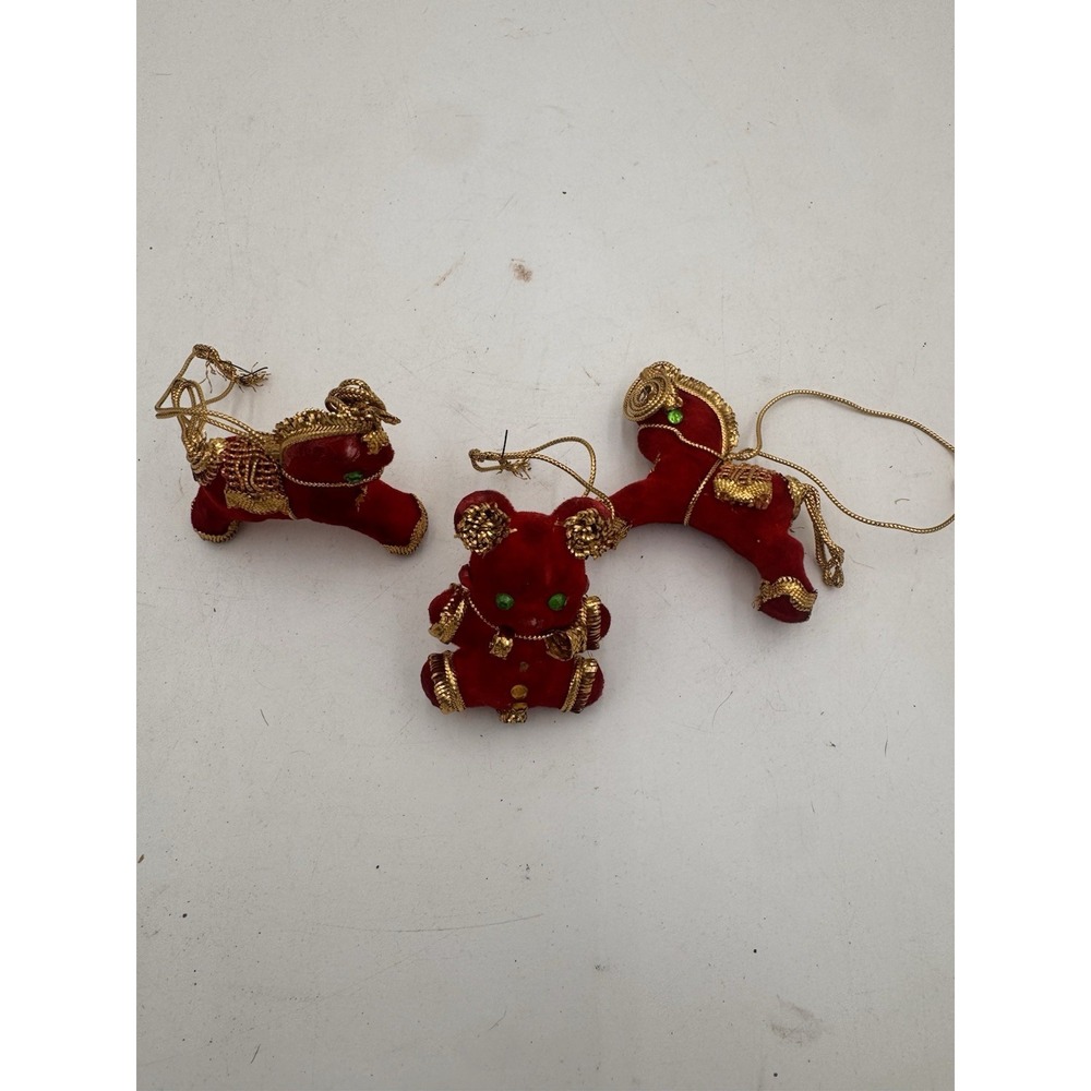 Vintage Red Velvet Animal Christmas Ornaments Lot 3 Gold Trim Handmade Retro